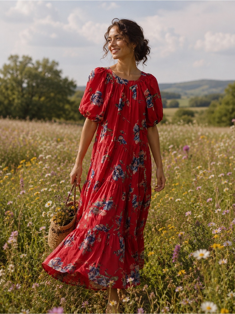 THE GREAT. red and pink floral button-front dress
